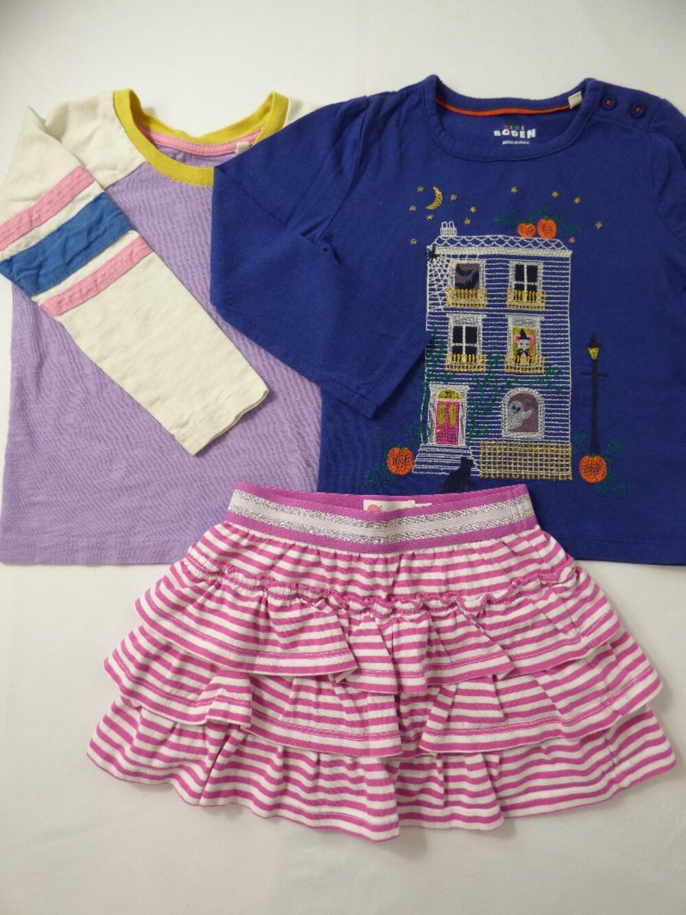 Mini Boden Halloween Applique T-Shirt, Stripe Sleeve Shirt & Skirt Set, Size 2-3